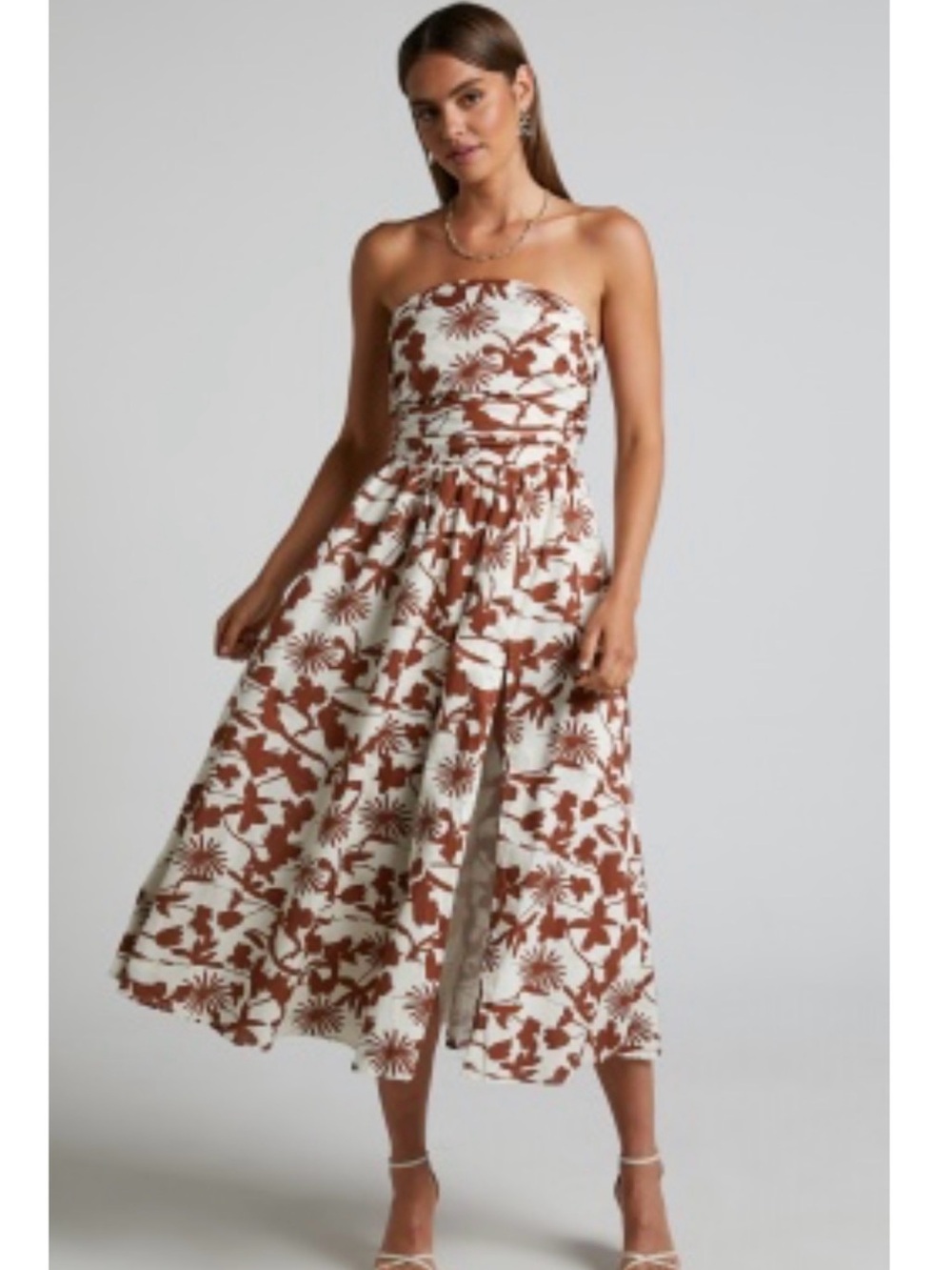 Showpo Strapless White Dress with Brown Floral Print